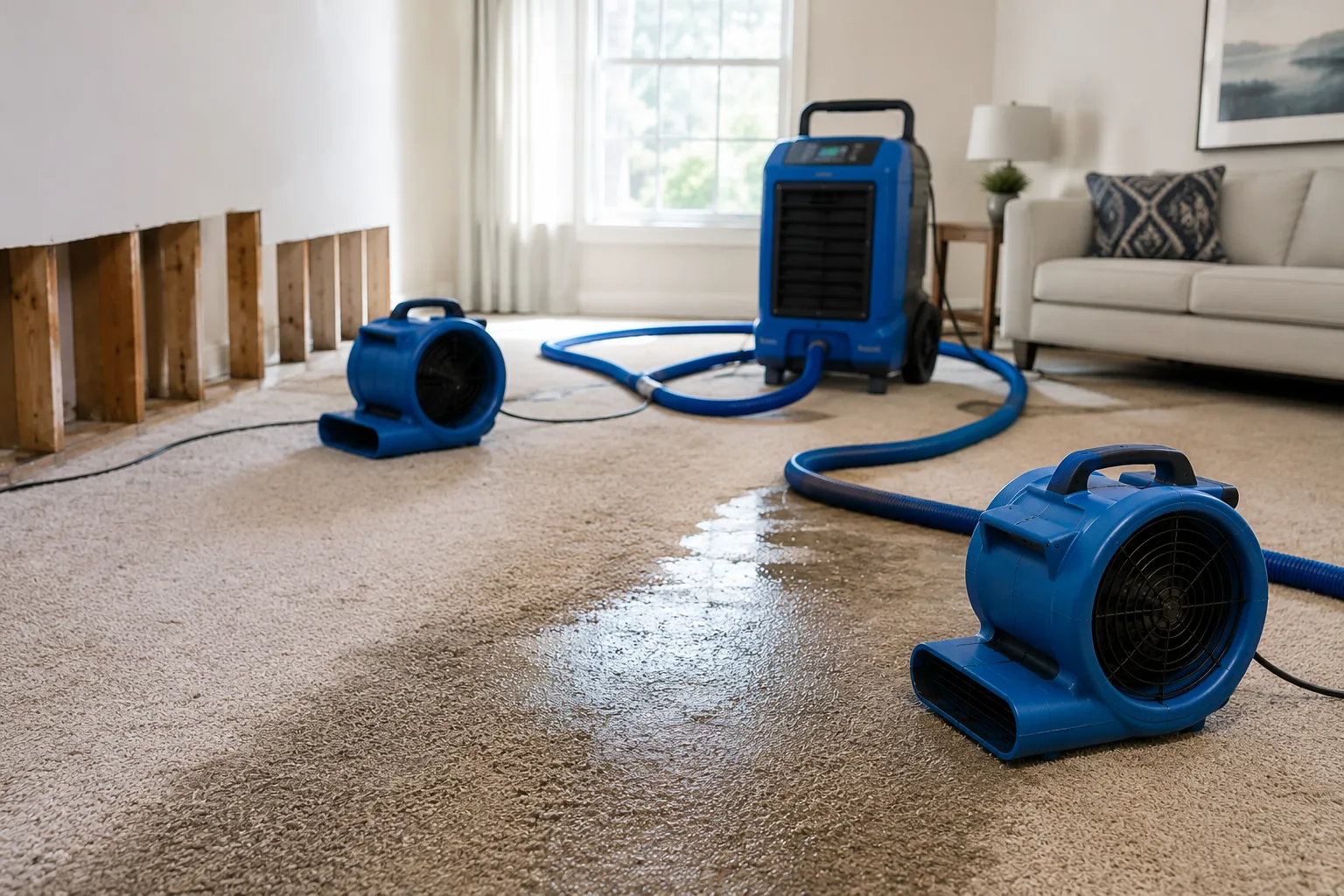 A professional cleaner in red coveralls vacuums a contemporary living room with a yellow vacuum cleaner.