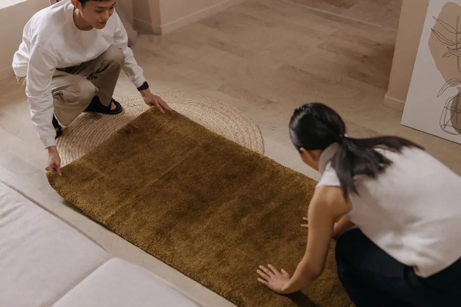 A man and woman collaboratively arranging a brown rug on a wooden floor inside a home.